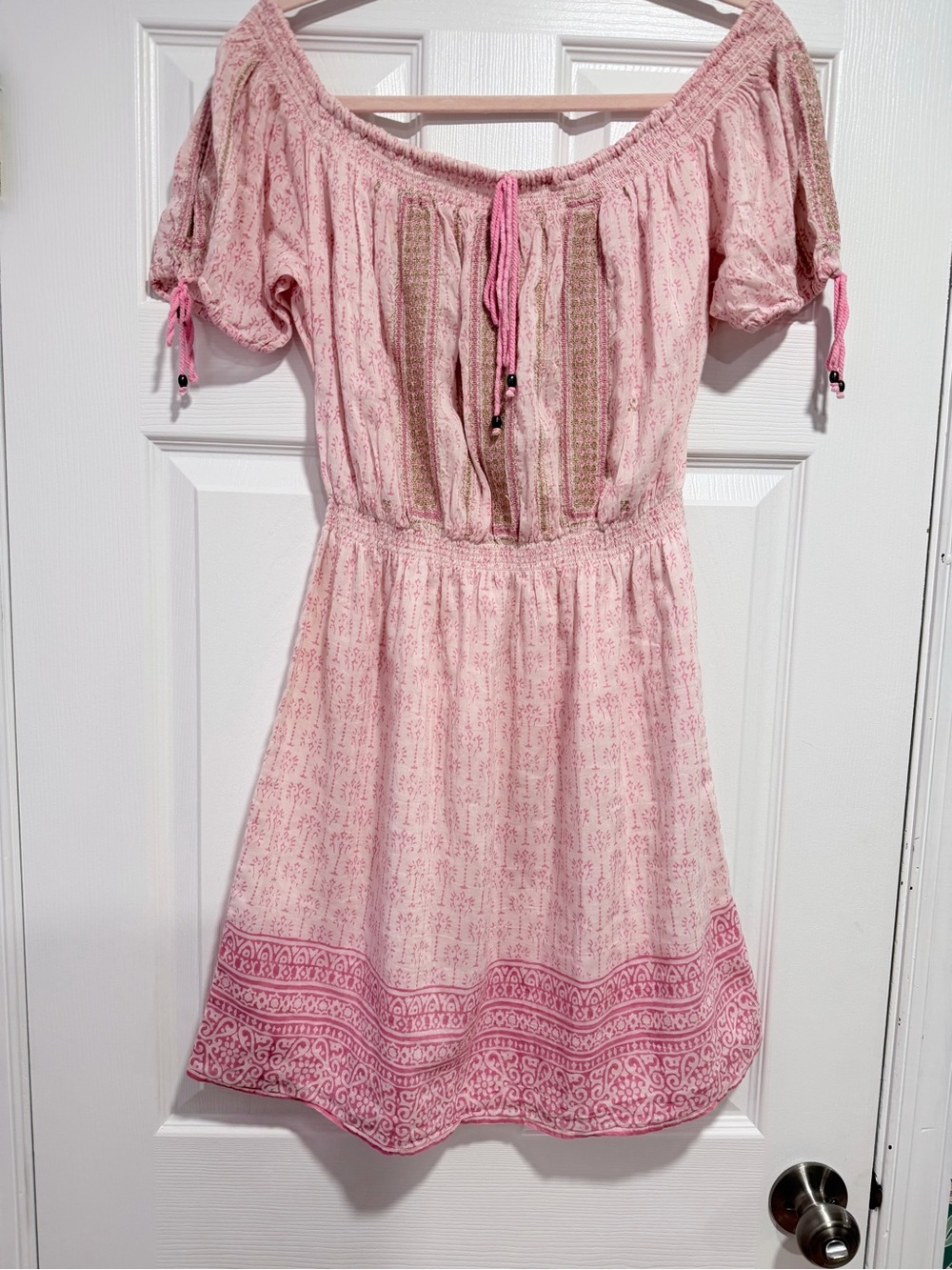 Bell by Alicia Bell Pink Gold Off Shoulder Mini Dress silk cotton boho luxury
